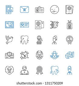 identity icons set. Collection of identity with user, tooth, badge, lion, worldwide, swans, credit card, dove, id card, passport, letter. Editable and scalable identity icons.
