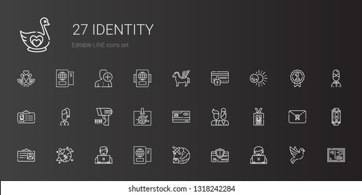 identity icons set. Collection of identity with user, credit card, worldwide, passport, id card, users, scanning, eclipse, pegasus, letter. Editable and scalable identity icons.
