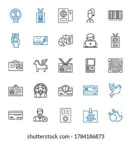conjunto de iconos de identidad. Recogida de identidad sin, tarjeta de identificación, pasaporte, usuario, tarjeta de crédito, paloma, código qr, pegasus, a nivel mundial, código de barras. Iconos de identidad modificables y escalables.