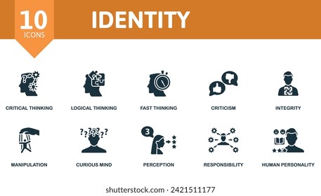 Identity icons set. Creative icons: critical thinking, logical thinking, fast thinking, criticism, integrity, manipulation, curious mind, perception, responsibility, human personality.