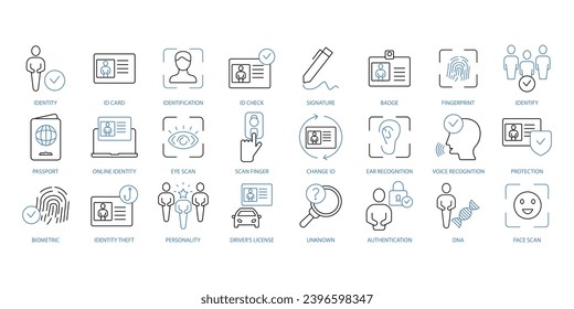 Conjunto de iconos de identidad. Conjunto de iconos de trazo modificables.Conjunto de vectores de Identidad