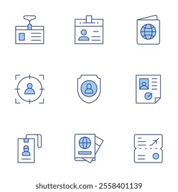 Identity icons set. Line Duotone style, editable stroke. visa, identity, passport, student, id card, identity theft.