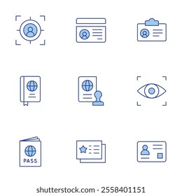 Identity icons set. Line Duotone style, editable stroke. eye scanner, business card, identity, passport, visa, identity card, target.