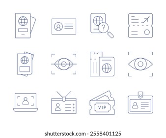 Identity icons. Thin Line style, editable stroke. visa, tickets, business card, passport, eye scanner, id card, user.