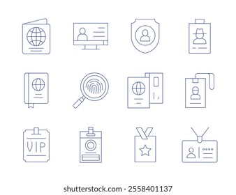 Identity icons. Thin Line style, editable stroke. identity, fingerprint, passport, id card, cover, vip card, digital identity, vip.