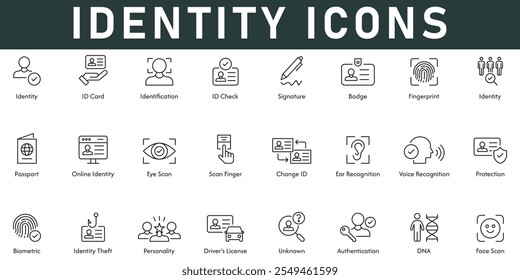 Identity Icons vector illustration with thin line editable stroke contain ID card identification ID check signature fingerprint face scan DNA biometric voice recognition scan finger eye scan