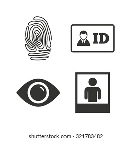 Identity ID card badge icons. Eye and fingerprint symbols. Authentication signs. Photo frame with human person. Flat icons on white. Vector