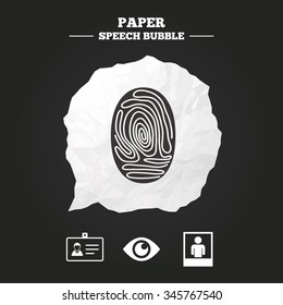 Identity ID card badge icons. Eye and fingerprint symbols. Authentication signs. Photo frame with human person. Paper speech bubble with icon.
