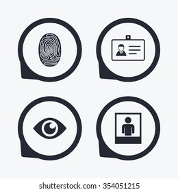 Identity ID card badge icons. Eye and fingerprint symbols. Authentication signs. Photo frame with human person. Flat icon pointers.