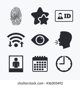 Identity ID card badge icons. Eye and fingerprint symbols. Authentication signs. Photo frame with human person. Wifi internet, favorite stars, calendar and clock. Talking head. Vector