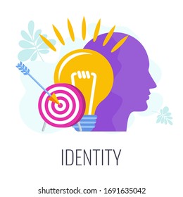 Identity infographics pictogram. Distinctive features of brand. Interaction with consumer. Image building, reputation management. Strategy, management and marketing. Flat vector illustration.