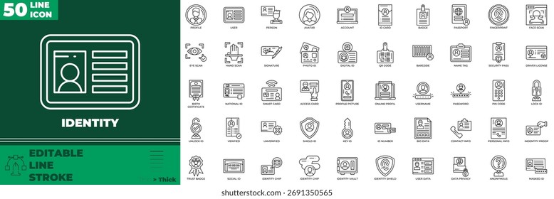 Conjunto de ícones editáveis da linha de identidade. Ilustração vetorial no estilo moderno de linha fina de ícones de identidade: identificação, id, pessoa, etc