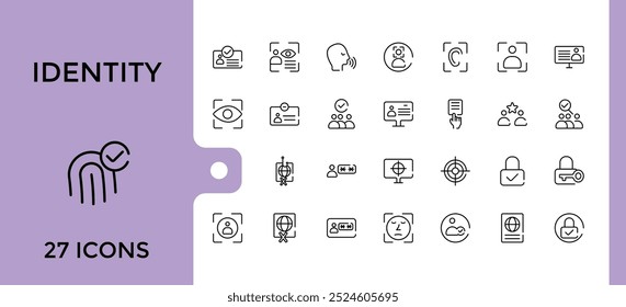 Conjunto de iconos de línea de identidad con trazo editable. Colección de iconos de verificación. Ilustración vectorial de contorno, Pixel perfecto.