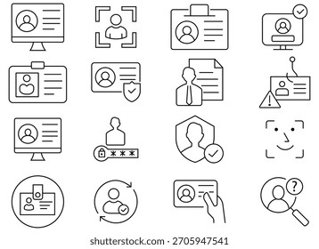 Conjunto de iconos de línea de identidad. Incluye verificación, identificación facial, huella digital, asistencia, documento y más. Conjunto de iconos web de identidad en estilo de línea. Ilustración vectorial