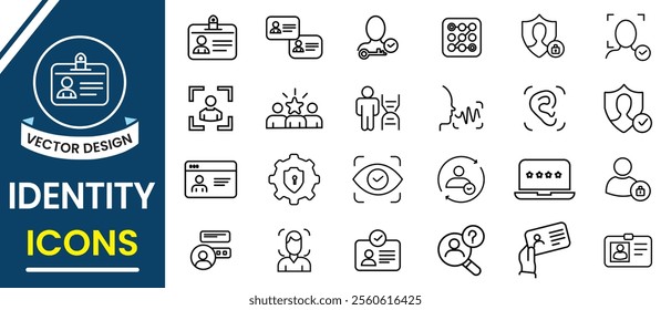 Identity line icon set. Identity icon, vector set. ID card, fingerprint, biometric, identification, passport, DNA icon. Vector illustration.