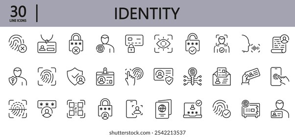 Identity line icons set with Privacy, Identity Check, Security, Authentication, Scanner, Finger, Biometric, Identity, Password, Key, Print and more. Editable Stroke