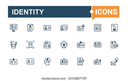 Identity line web icon set. Includes icons for pass, recognition, identity, user, license, identify and more. Outline symbol collection. Editable vector outline and solid icons.