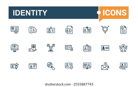 Identity line web icon set. Includes icons for pass, recognition, identity, user, license, identify and more. Outline symbol collection. Editable vector outline and solid icons.