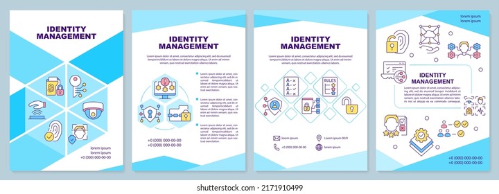 Identity management blue brochure template. User access. Leaflet design with linear icons. Editable 4 vector layouts for presentation, annual reports. Arial-Black, Myriad Pro-Regular fonts used
