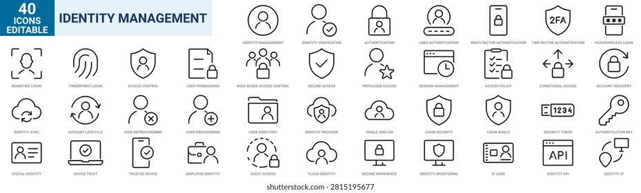 Identity Management Line Icons Set. Outline Identity Security, Access Control, Authentication, User Management Editable Stroke Vector Collection