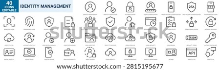 Identity Management Line Icons Set. Outline Identity Security, Access Control, Authentication, User Management Editable Stroke Vector Collection