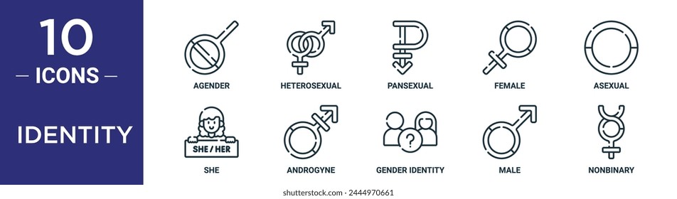 Identity Outline Icon Set beinhaltet Thin Line Agender, Heterosexuell, Pansexuell, Weiblich, Asexuell, Sie, Androgyne Icons für Bericht, Präsentation, Diagramm, Webdesign