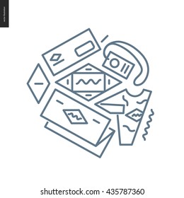Identity outlined icon - contemporary flat vector icon of identitiy and branding development for design studio website - various logo applying on company objects