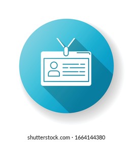 Identity pass card blue flat design long shadow glyph icon. Badge with credentials. ID document. Security, safety measure. Authorization. Employee access card. Silhouette RGB color illustration