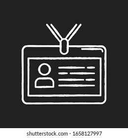Identity pass card chalk white icon on black background. Badge. ID document. Security, safety measure. Authorization, authentification. Employee access card. Isolated vector chalkboard illustration