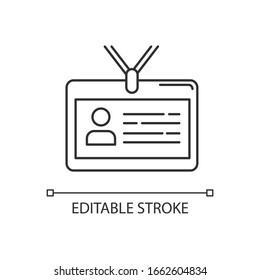 Icono lineal perfecto del píxel de tarjeta de identificación. Insignia. Documento de identificación. Tarjeta de acceso de empleado. Ilustración personalizable en línea delgada. Símbolo de contorno. Dibujo de contorno aislado del vector. Trazo editable