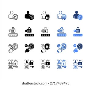 Identidad, Contraseña, Acceso, Biometría, conjunto de iconos de estilos múltiples.