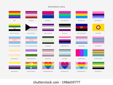 Fahnen für Identitätskennzeichen gesetzt. Pride Month. Flagge von schwul, transgender, bisexuell, lesbisch usw.
