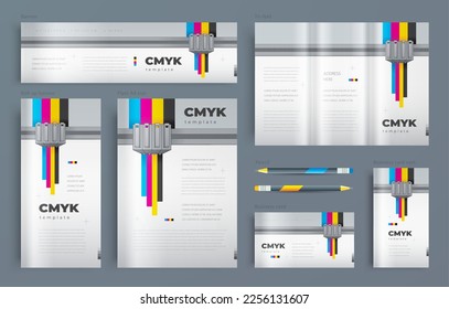 Identity print cmyk polygraphy printing theme Set flyer cover, tri-fold, banner, roll up banner, business card