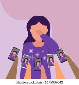 Identity and privacy of corona virus patient being exposed to public which caused the victim being harassed and abused online. Flat design vector