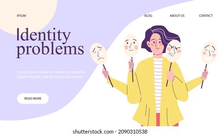Identity problems psychological bipolar disorder website concept with person holding masks. False behavior and identity difficulties, flat vector illustration.