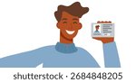Identity and protection concept. Man holding a document and taking a photo of himselth isolated on white background. Vector flat clipart.