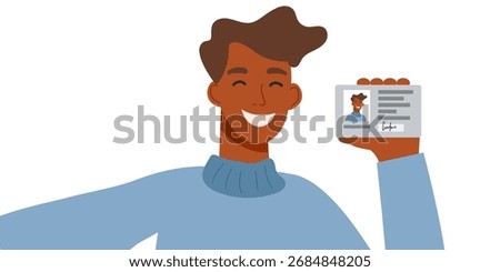 Identity and protection concept. Man holding a document and taking a photo of himselth isolated on white background. Vector flat clipart.