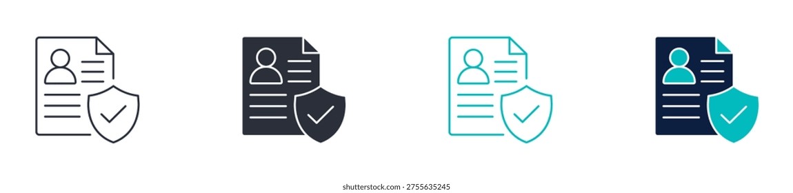 Identity protection icons, personal data document with shield symbol, user privacy security icon in line and silhouette style, vector illustration