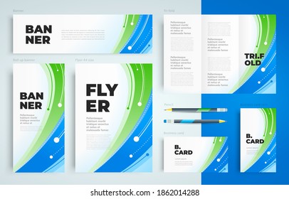 Identity rays geen and blue color. Lines and circles actions stripes. Set flyer cover, tri-fold, banner, roll up banner, business card