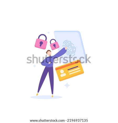 identity recognition system. security and protection. a man fills in attendance or logs into an account using a fingerprint scan. unlock padlock and membership card. illustration concept design