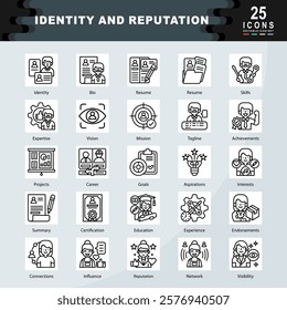 Identity and Reputation icon set containing Identity, Bio, Resume, Skills, Expertise, Vision, Mission, Tagline, Achievements, Projects icon. Simple line vector