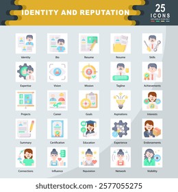 Identity and Reputation icon set containing Identity, Bio, Resume, Skills, Expertise, Vision, Mission, Tagline, Achievements, Projects icon. Simple flat vector