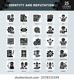 Identity and Reputation icon set containing Identity, Bio, Resume, Skills, Expertise, Vision, Mission, Tagline, Achievements, Projects icon. Simple glyph vector