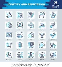 Identity and Reputation icon set containing Identity, Bio, Resume, Skills, Expertise, Vision, Mission, Tagline, Achievements, Projects icon. Simple vector illustration