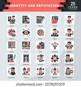 Identity and Reputation icon set containing Identity, Bio, Resume, Skills, Expertise, Vision, Mission, Tagline, Achievements, Projects icon. Simple vector illustration