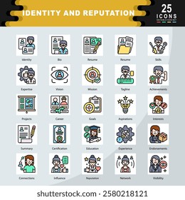 Identity and Reputation icon set containing Identity, Bio, Resume, Skills, Expertise, Vision, Mission, Tagline, Achievements, Projects icon. Simple flat line vector