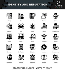 Identity and Reputation icon set containing Identity, Bio, Resume, Skills, Expertise, Vision, Mission, Tagline, Achievements, Projects icon. Simple black vector