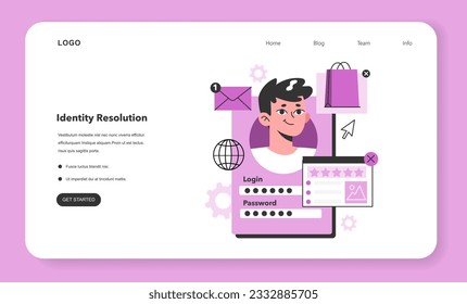 Identity resolution web banner or landing page. Customer data management. User or consumer online behavior analytics and web identity building. Marketing srategy building. Flat vector illustration