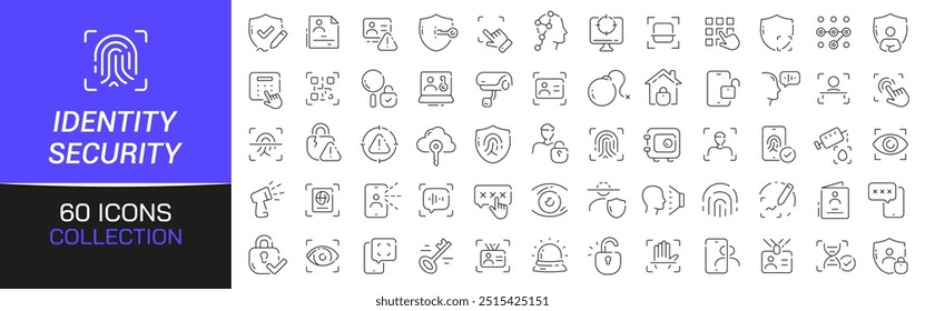 Coleção de ícones de identidade e de linha de segurança. Pacote fino de ícones de estrutura de tópicos. Coleção de ícones de interface do usuário. Conjunto de pictogramas de linha da Web