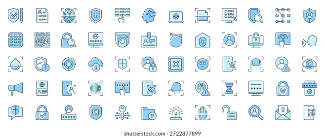 Websymbole für Identitätssicherheit, die im Zeilendesign festgelegt sind. Duotone Piktogramm Paket von Schild, Datenschutz, Fingerabdruck-Scan, Schlüssel, Passwort, Überwachung, mehr Umriss Strichzeichen. Vektorgrafik.